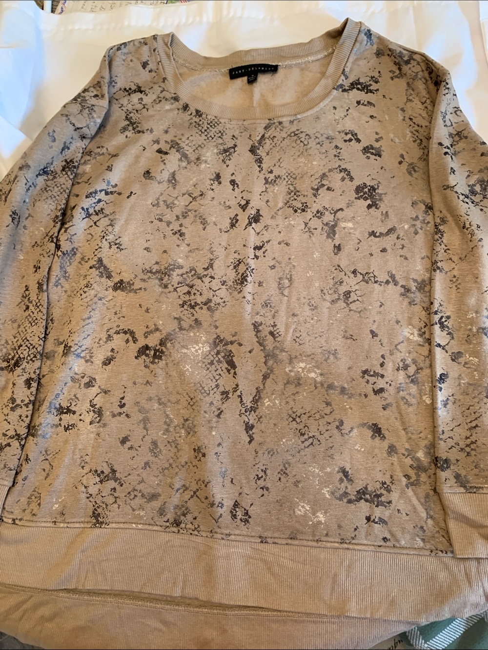Jane + Delaney  Taupe Crewneck Sweatshirt with Metallic Foil Pattern